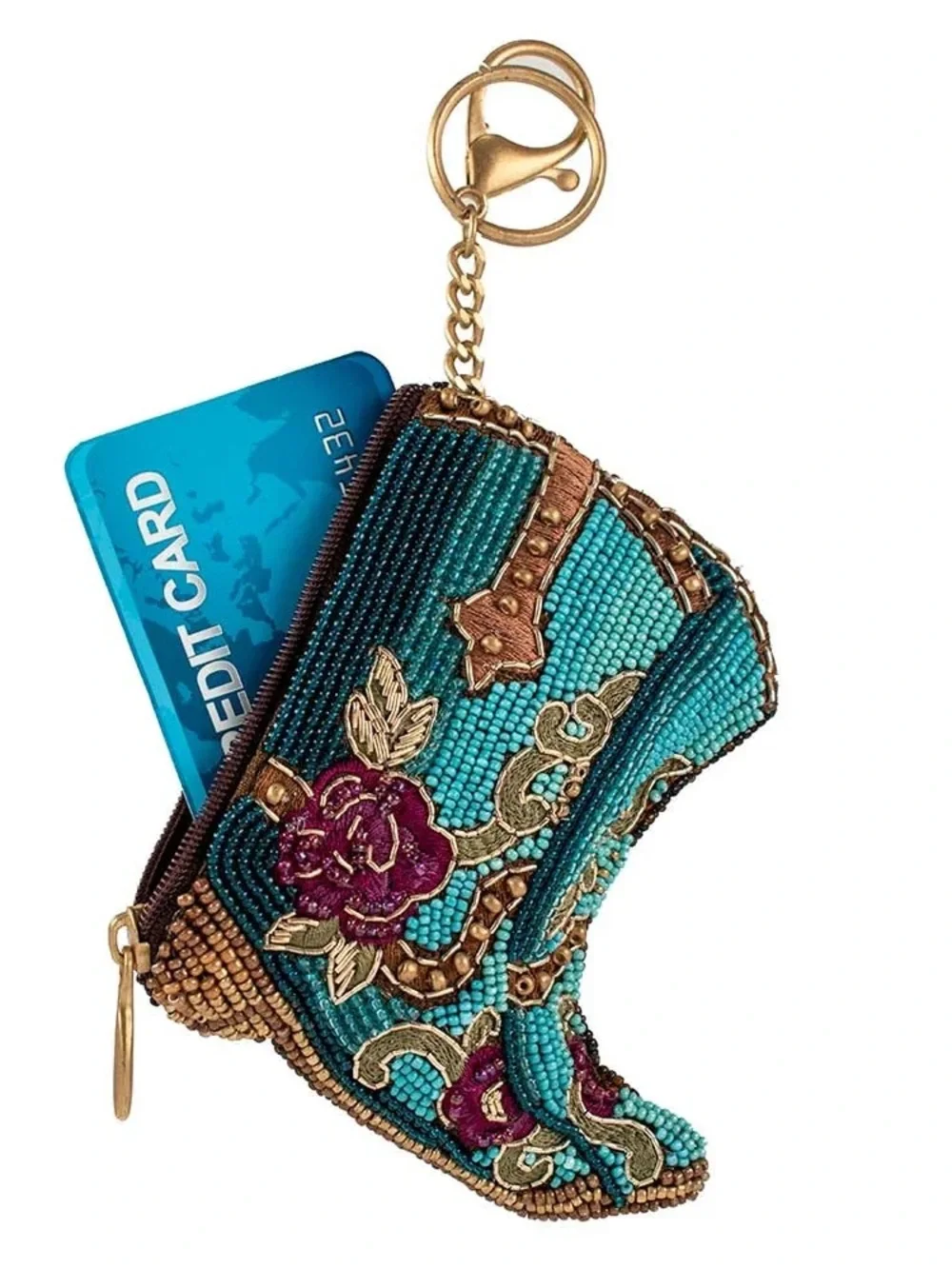 Mary Frances Kickin Around Turquoise Hand Beaded Cowboy Boot Key Fab Card Holde